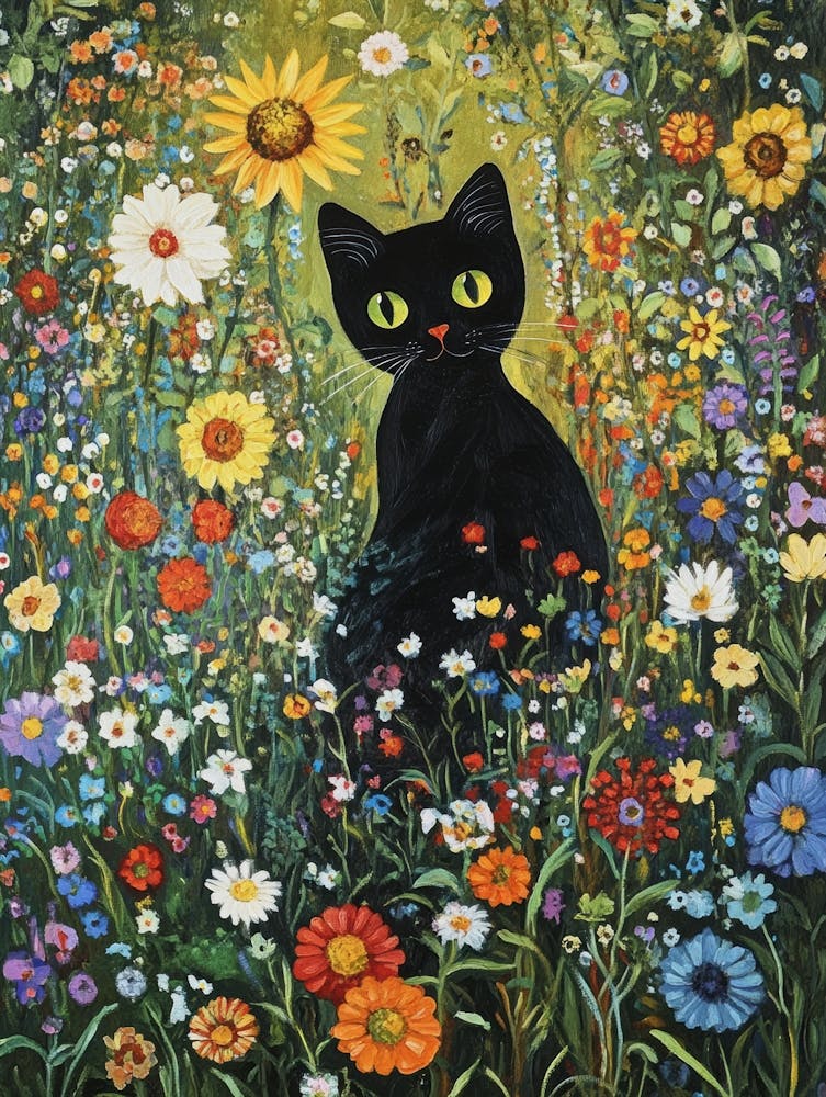Schwarze Katze in einem Blumenfeld