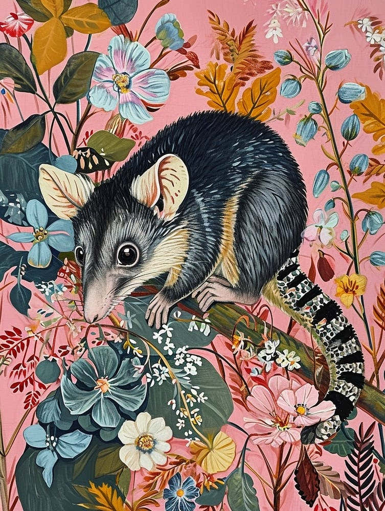 Floral Animal Painting Opossum 1