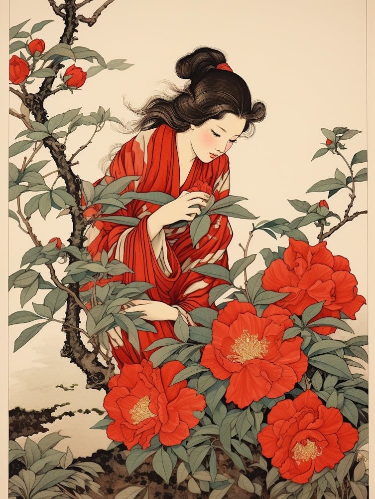 Tsubaki Camellia 2 Vintage Japanese Botanical And Geisha