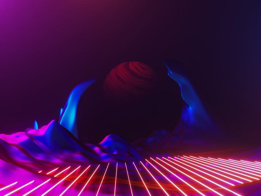 Neon space landscape: Jupiter [synthwave/vaporwave/cyberpunk] — aesthetic retrowave neon poster