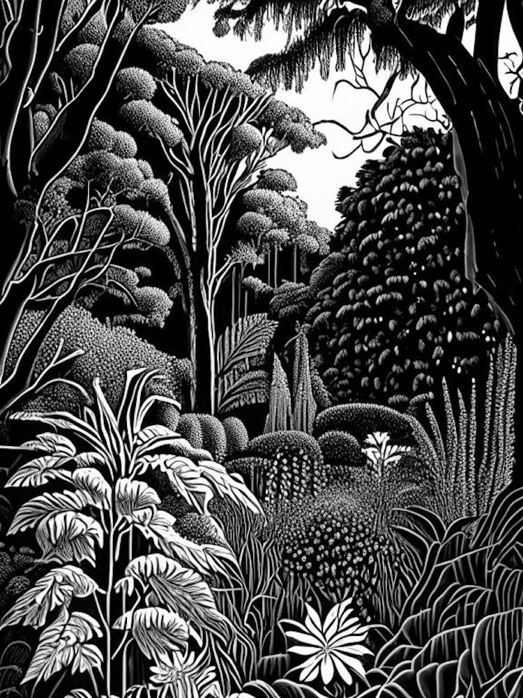 Bellevue Botanical Garden, Usa Linocut Black And White Vintage