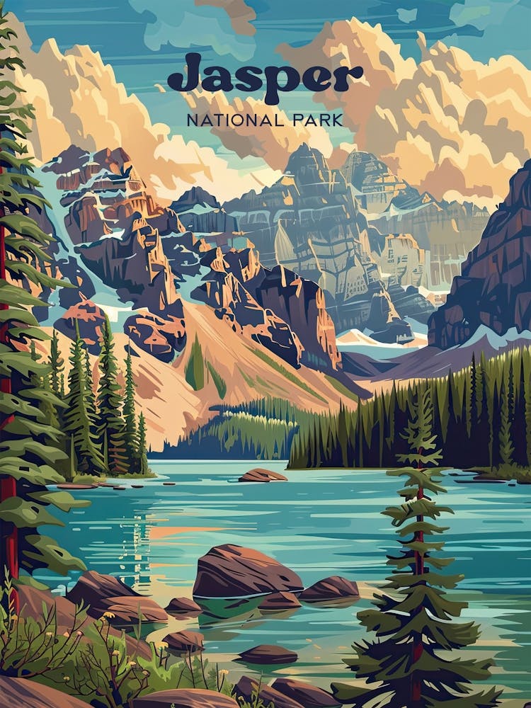 Jasper National Park Canadian Rockies Digital Travel Illustration