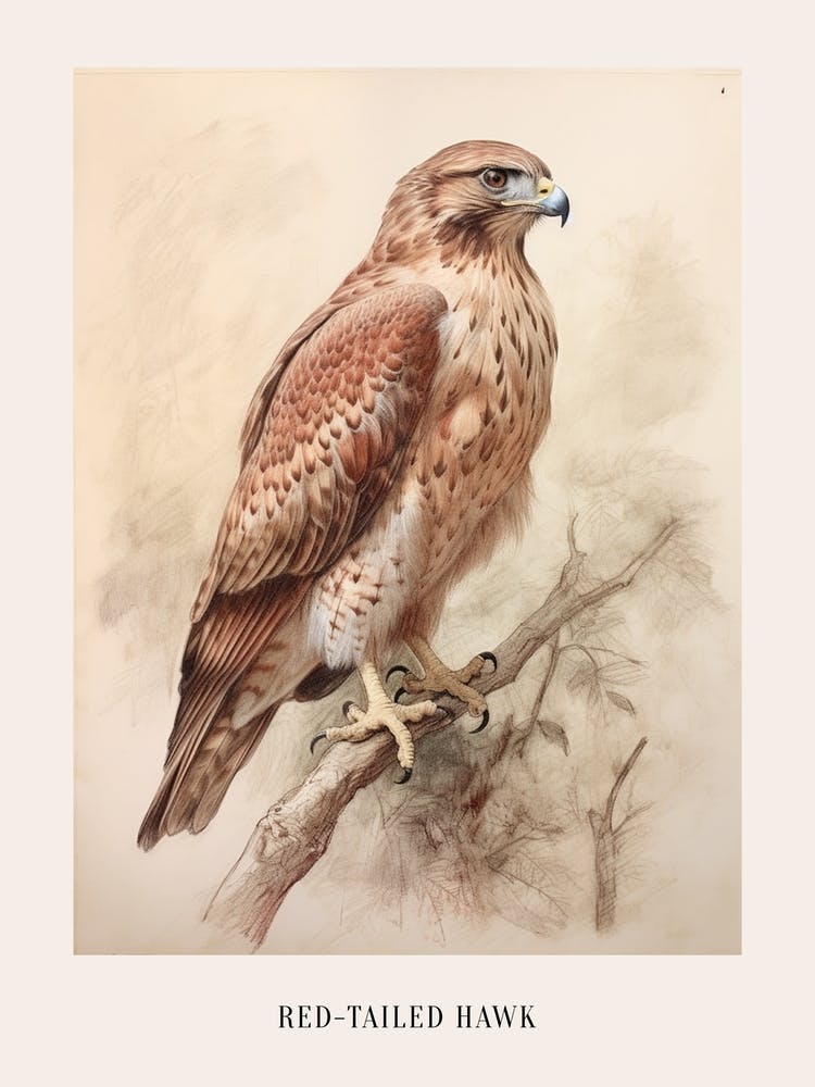 Vintage Bird Drawing Red Tailed Hawk 2 Poster