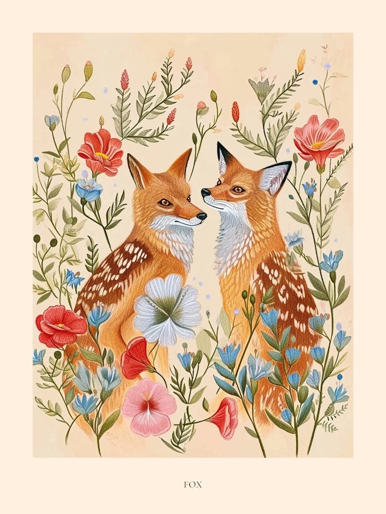 Folksy Floral Animal Drawing Fox Poster