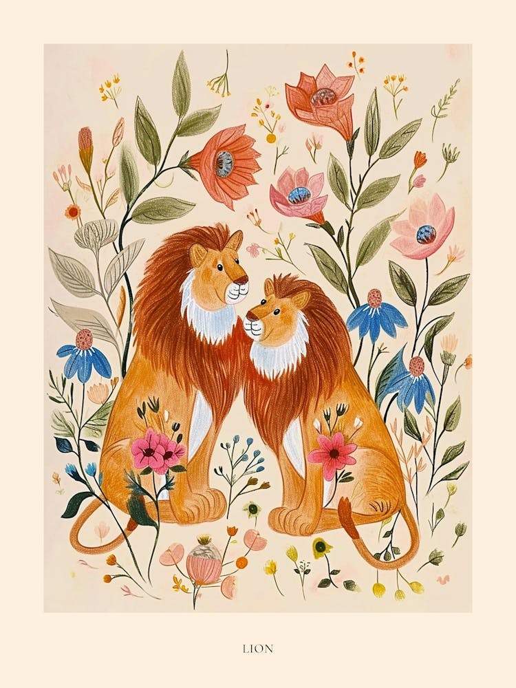Folksy Floral Animal Drawing Lion 4 Poster