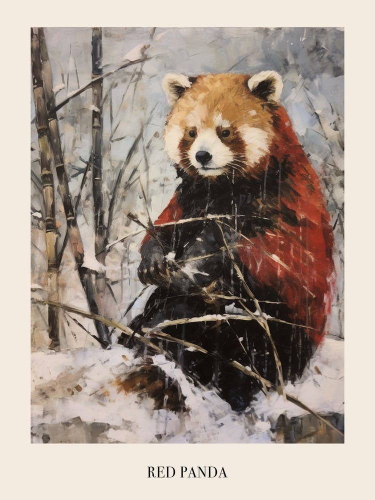 Vintage Winter Animal Painting Poster Red Panda 2