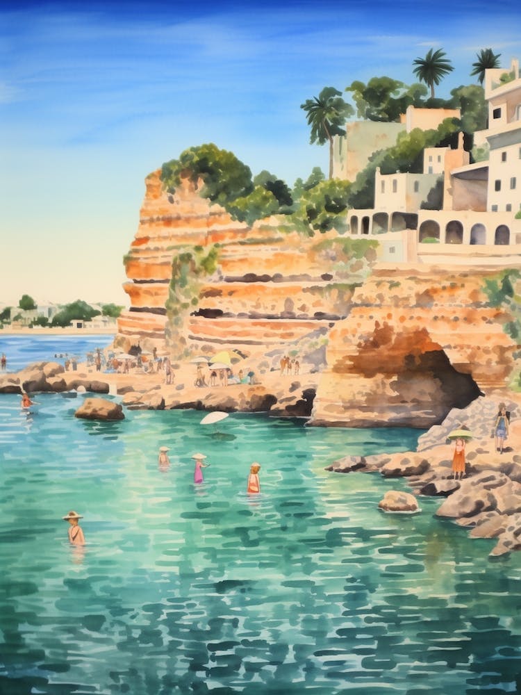 Swimming In Lagos Portugal Watercolour