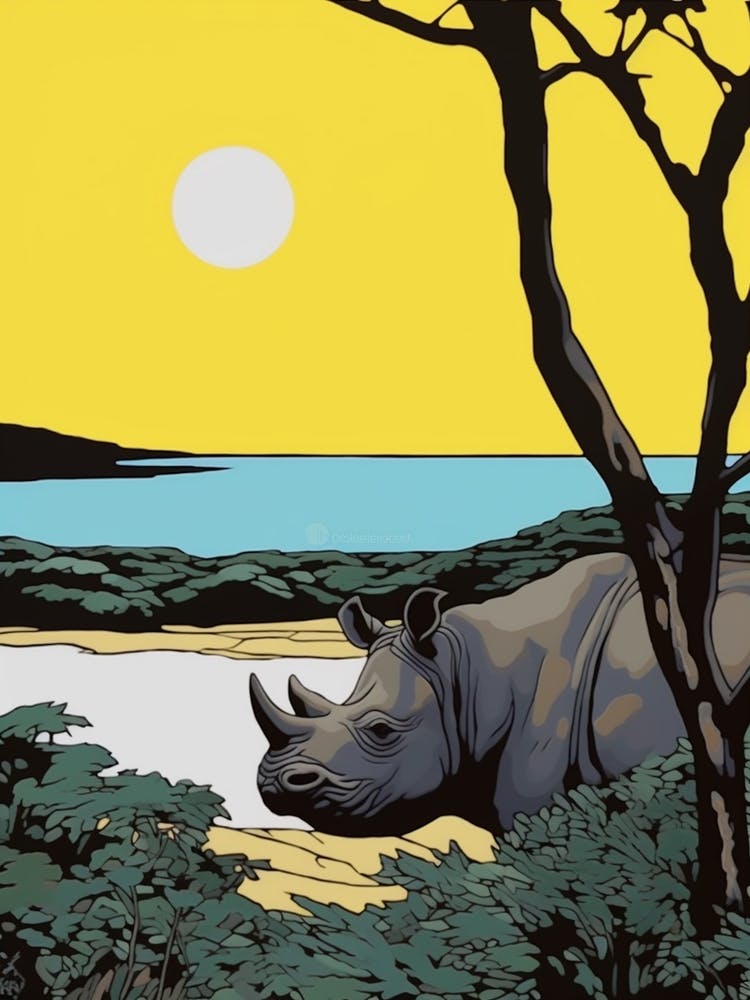 Rhino Relaxing In The Bushes Simple Illustration 4