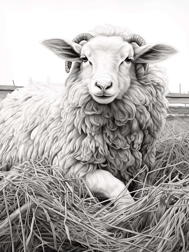 Black & White Illustration Of Highland Sheep In The Straw 3