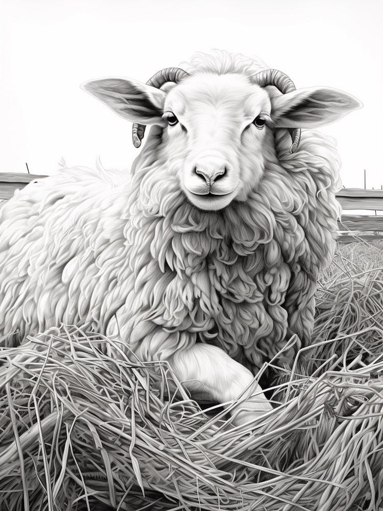 Black & White Illustration Of Highland Sheep In The Straw 3