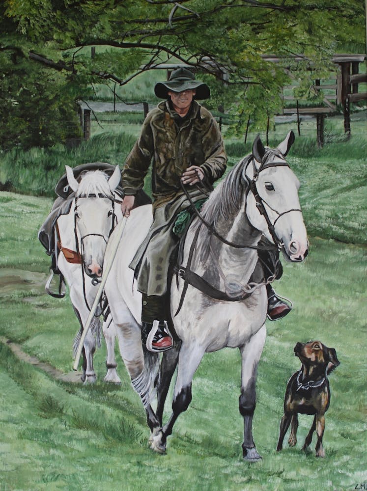 Farmer on horseback with a dog, New Zealand