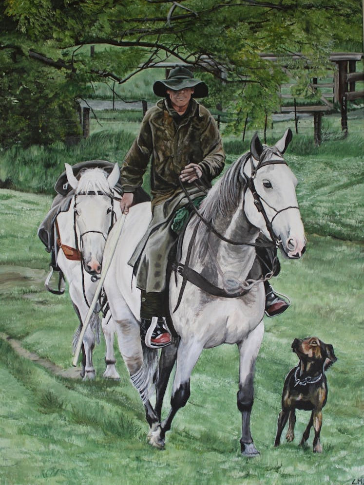 Farmer on horseback with a dog, New Zealand