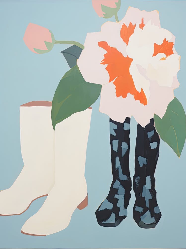 A Painting Of Cowboy Boots With White Flowers, Pop Art Style 16