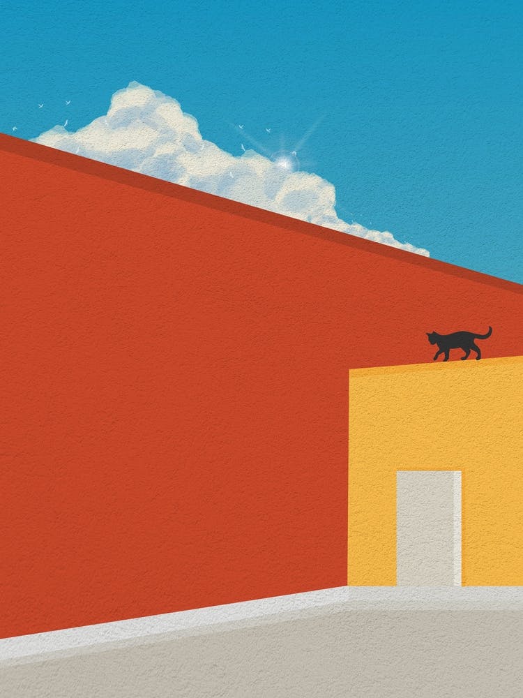 Minimal art Black Cat On A Roof