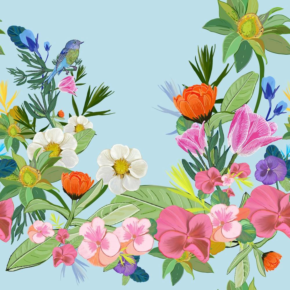 Lovely Flowers And Cute Bird Pattern Blue Background