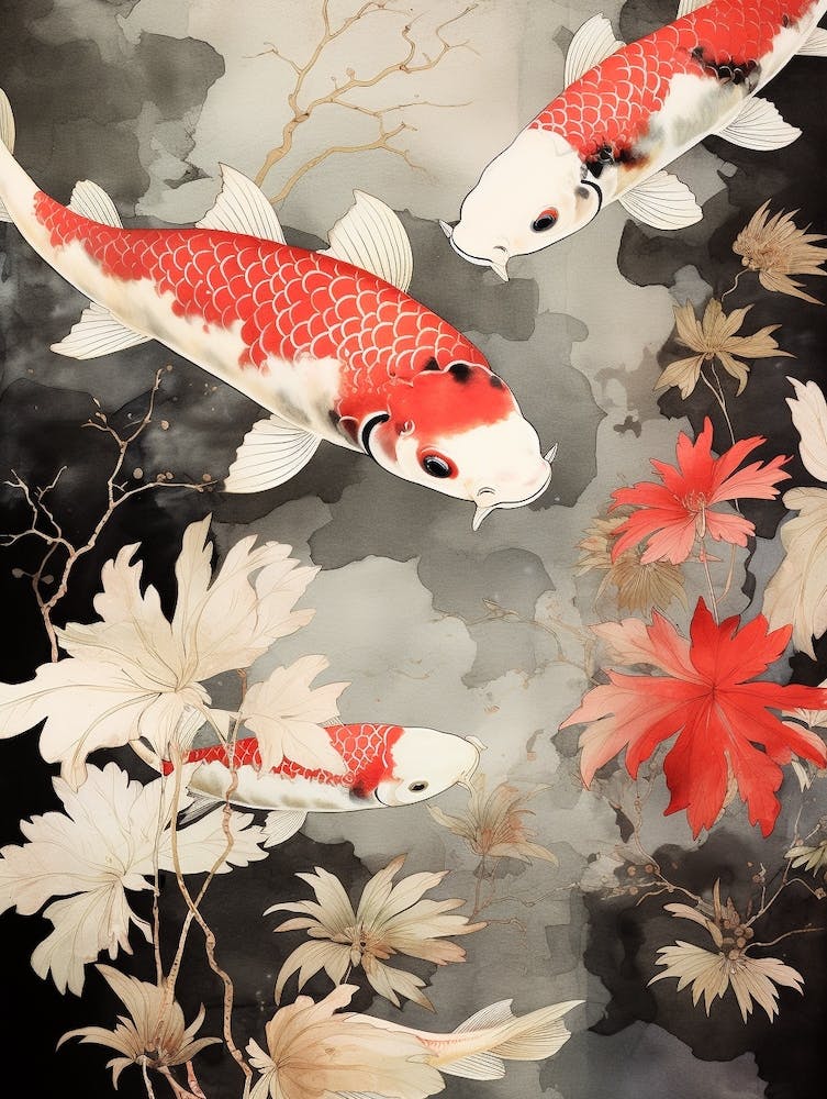 Red Koi Fish Watercolour With Botanicals
