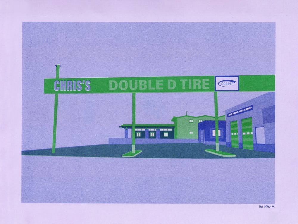 Chris's Double D Tire In Green & Blue On Lila Risograph