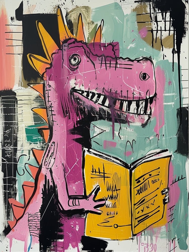 Dinosaur Reading A Book Pink Blue Graffiti Brushstroke 1