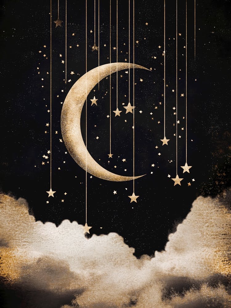 dreamy celestial painting of a Golden crescent moon with hanging stars in black and gold – surreal fantasy art perfect for nursery, moody interiors, elegant luxe decor 1