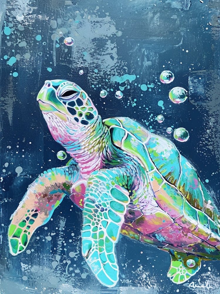 Pastel Sea Turtle In The Ocean With Bubbles 2