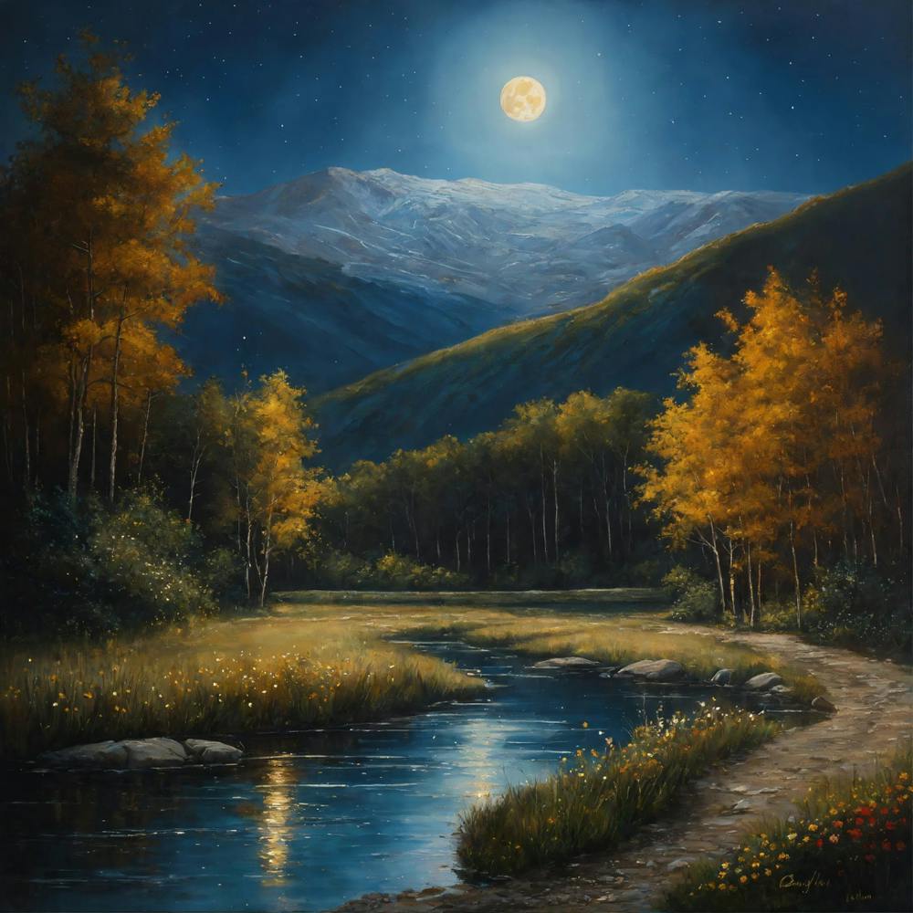 Oil painting picture of a very clear moon with stars, beautiful sky, river, flowers and sand