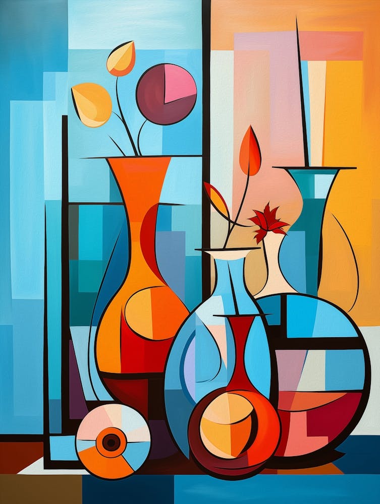 Still Life V, Avant Garde Abstract Vibrant Painting in Cubism Picasso Style