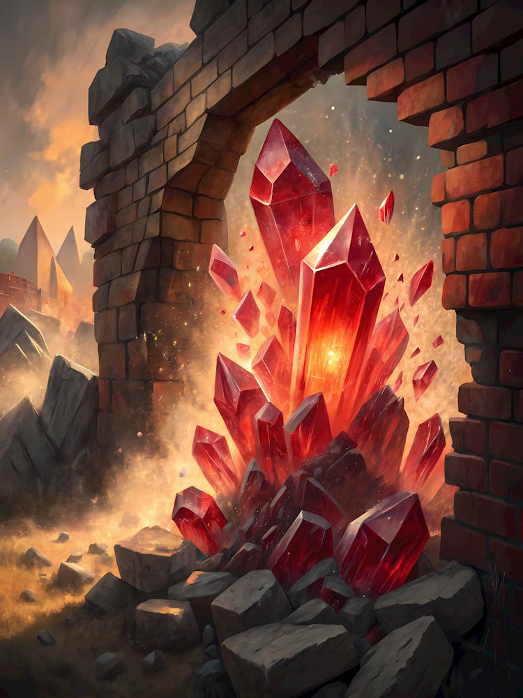 A Cluster of Ruby Crystals Bursting from a Brick Wall Oil Painting Style