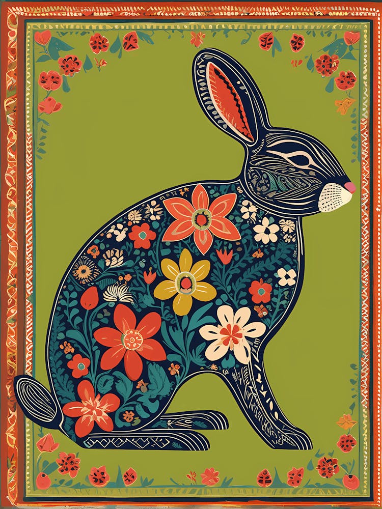 Rabbit With Flowers, folk art, 1453