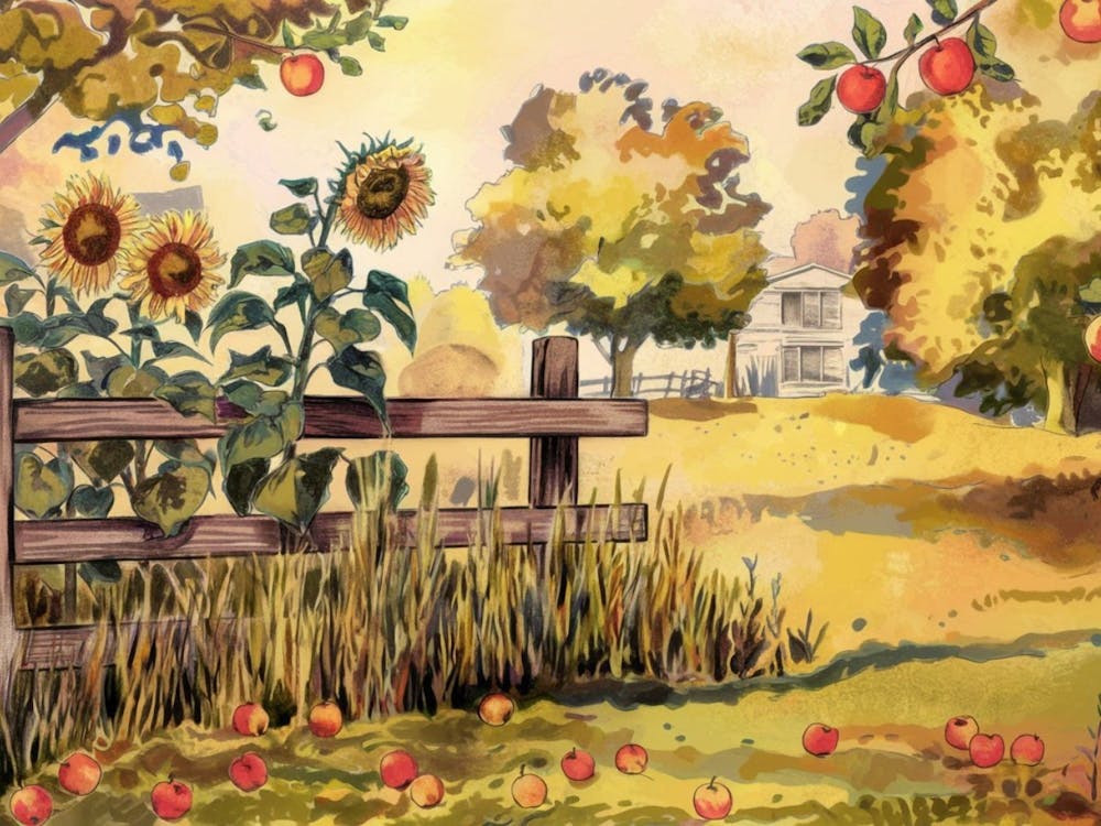 Golden Autumn Orchard - Sunflowers, Apples & Distant Farmhouse