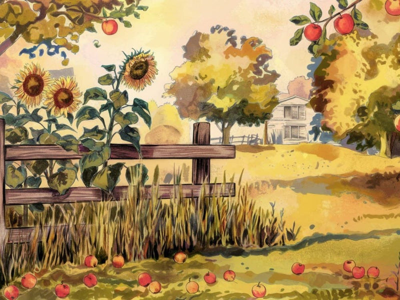 Golden Autumn Orchard - Sunflowers, Apples & Distant Farmhouse