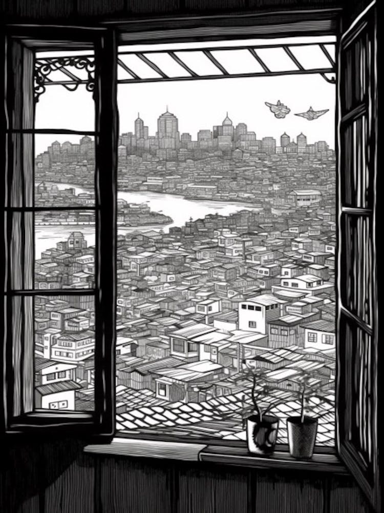 Window View Of Seoul South Korea   Black And White Colouring Pages Line Art 3