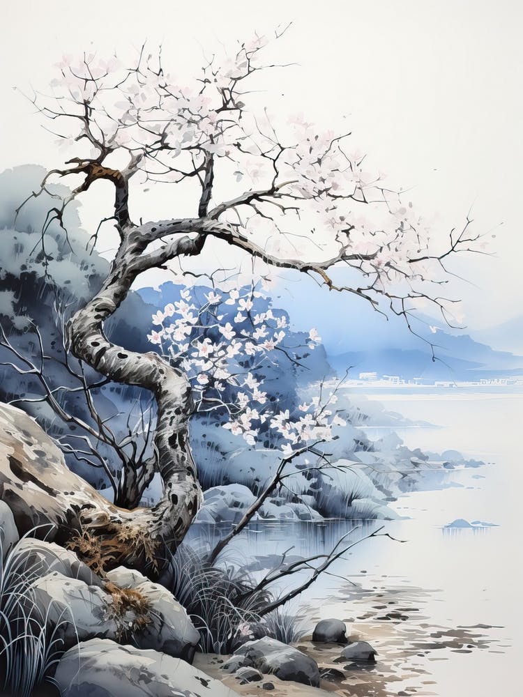 Blue Tree Watercolor, Japanese Brush Painting, Ukiyo E, Minimal 1
