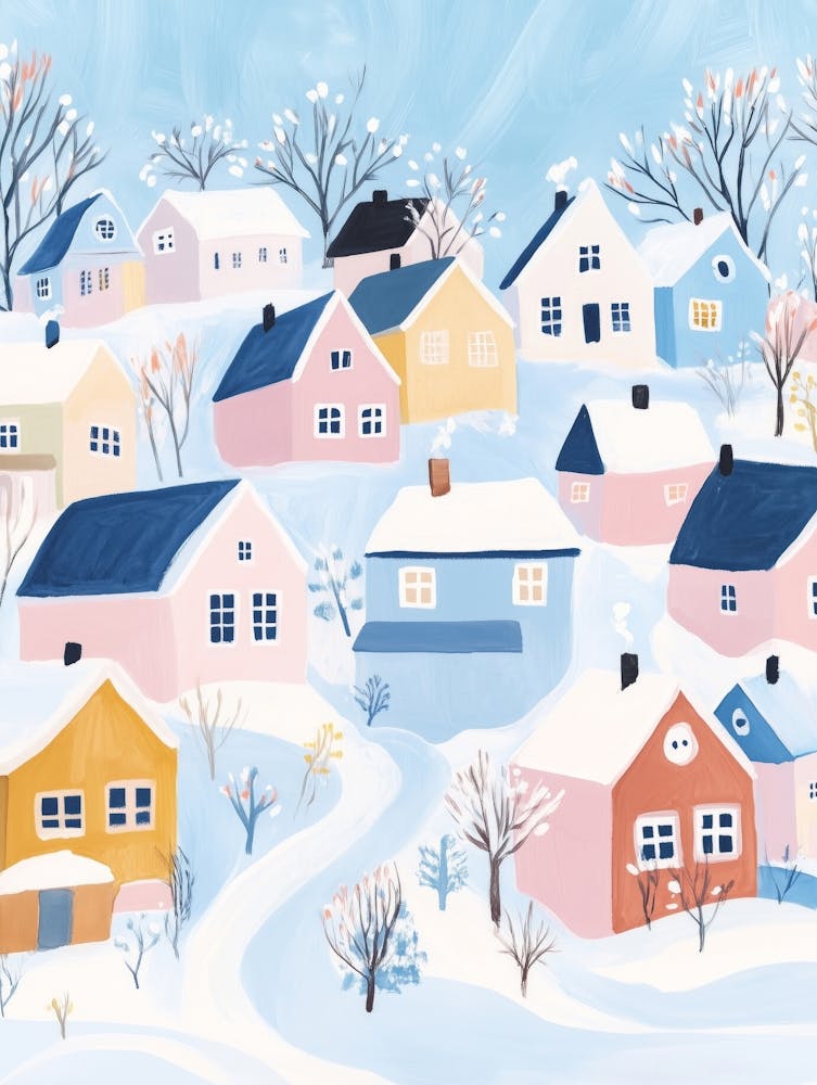 Cute Winter Village Gouache Painting