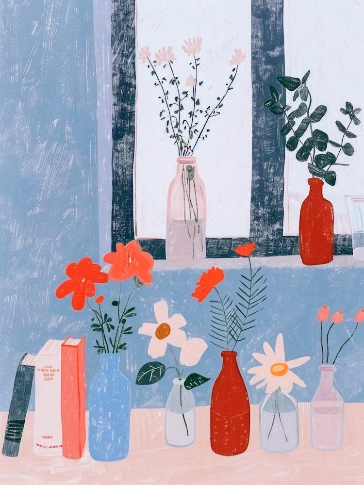Flowers In Vases. Pastel Illustration
