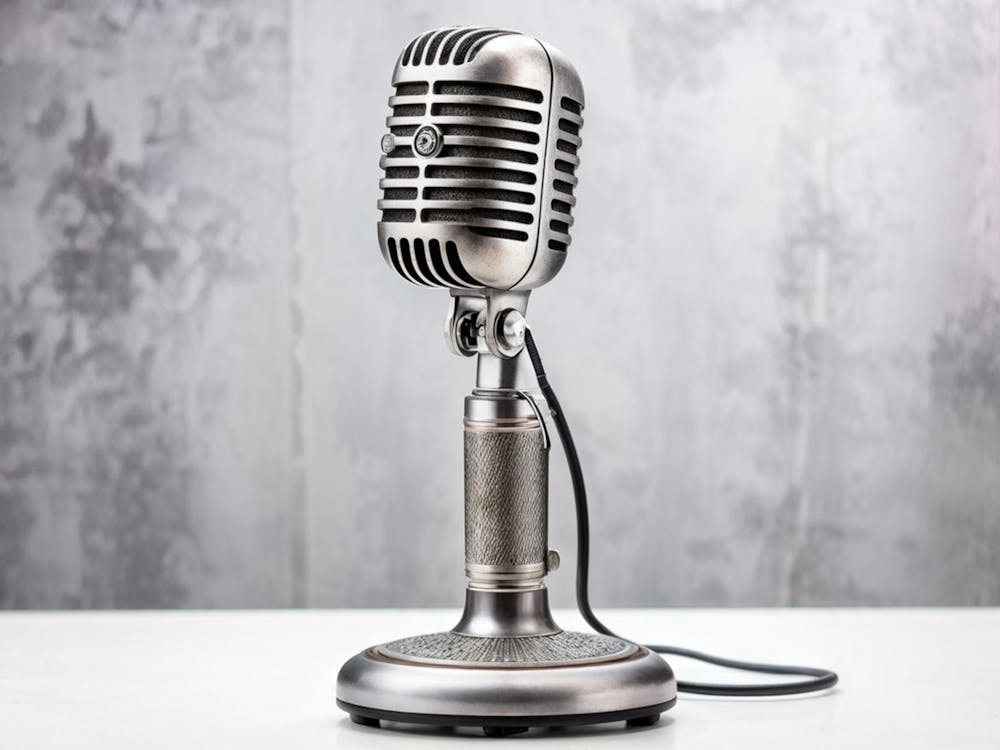 Antique Microphone With A Gray Vintage Aesthetic Stands Center Embodying Classic Charm Retro Broad