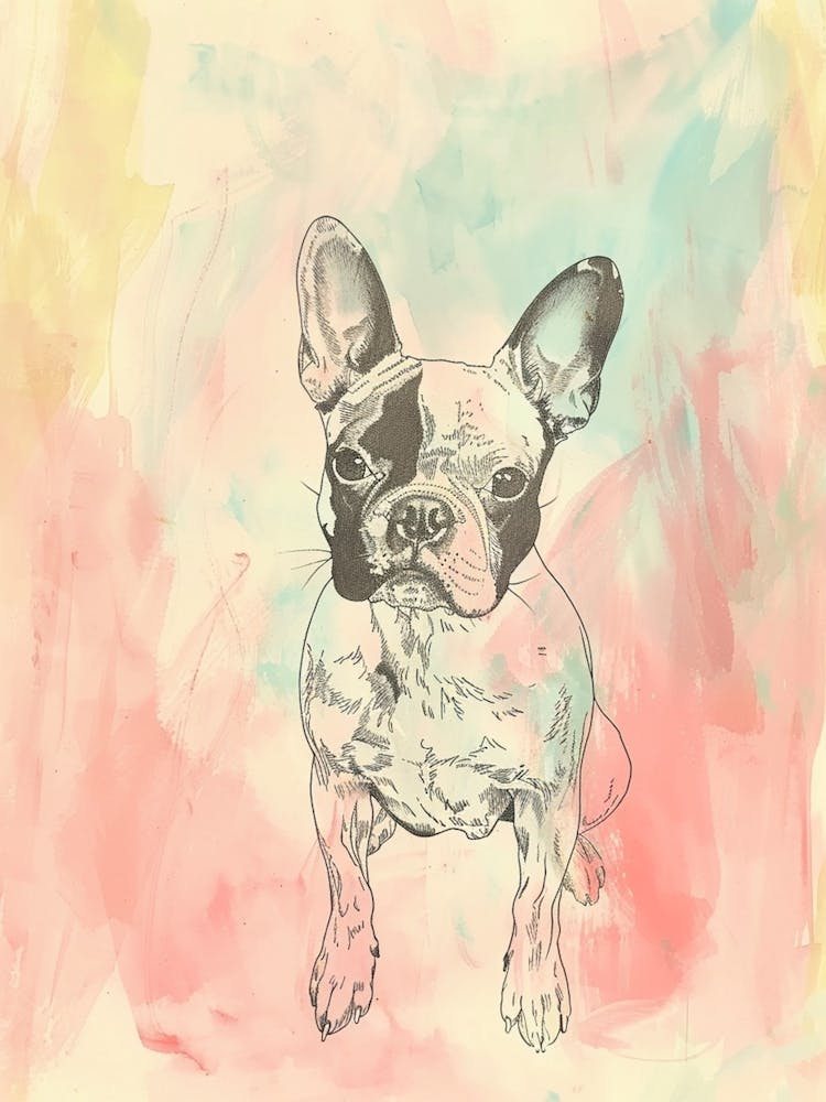 Boston Terrier Dog Pastel Line Watercolour Illustration  4