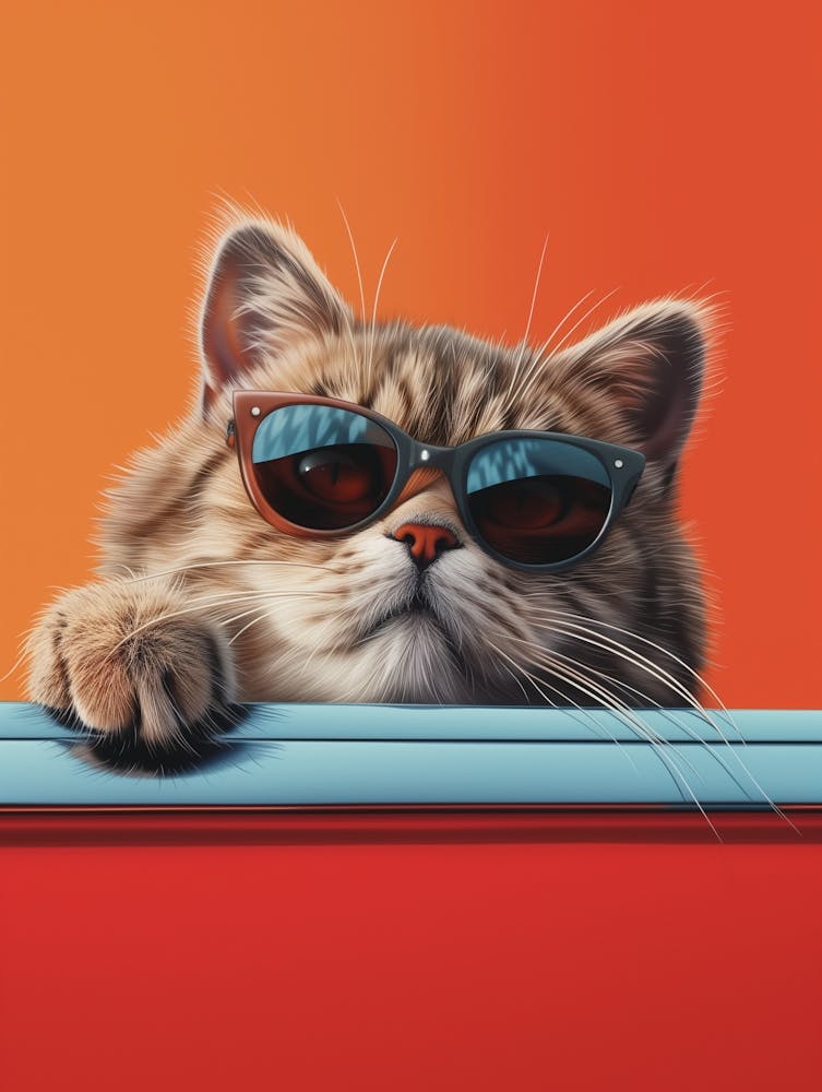 Artistfader Artist Cute Fat Tabby Cat British Shorthair And Car Toy , British Shorthair Emerge From Car Toy , Peeking ,Cute Aggression, Big Belly, Fluffy , Wearing Sunglasses , High Detail , Bold Color Plain B