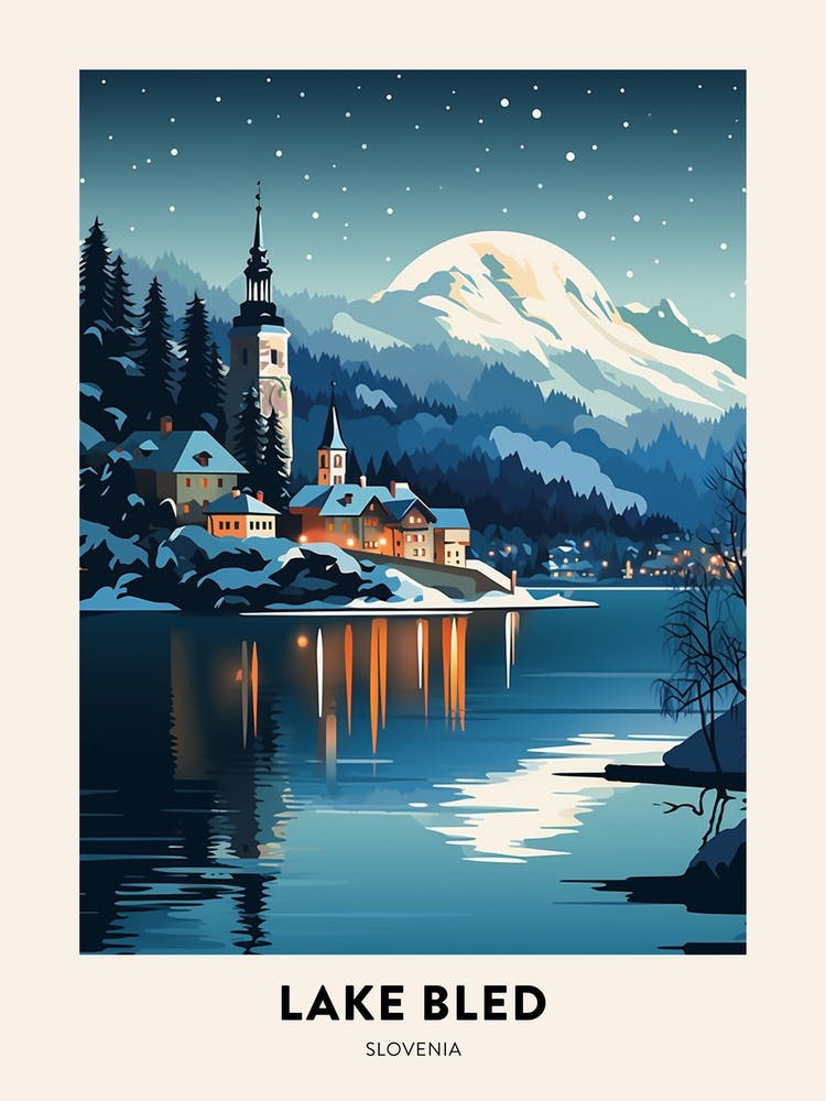 Winter Night  Travel Poster Lake Bled Slovenia