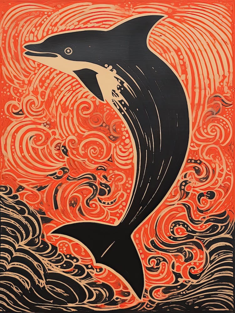 Dolphin, Woodblock Animal  Drawing 1