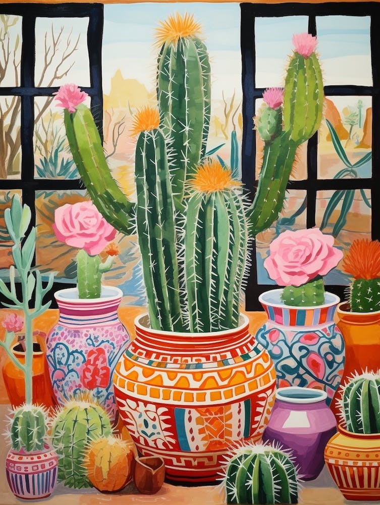 Cactus Painting Maximalist Still Life Barrel Cactus 1
