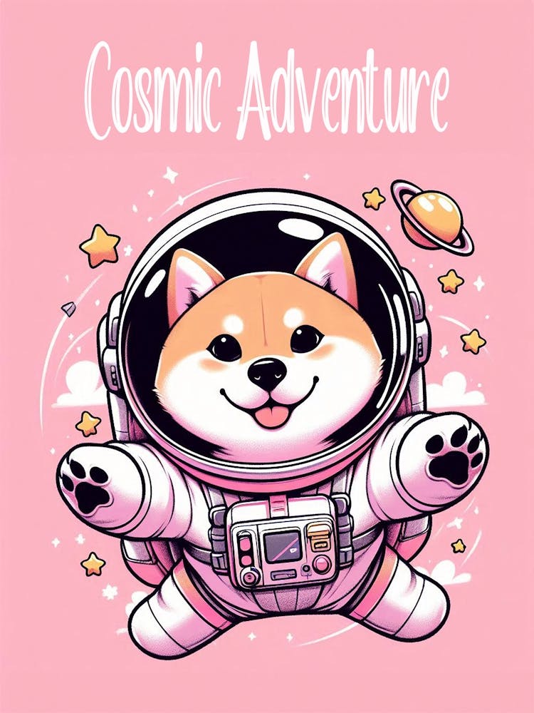 A Cute Happy Shiba Inu Astronaut On A Pink Background