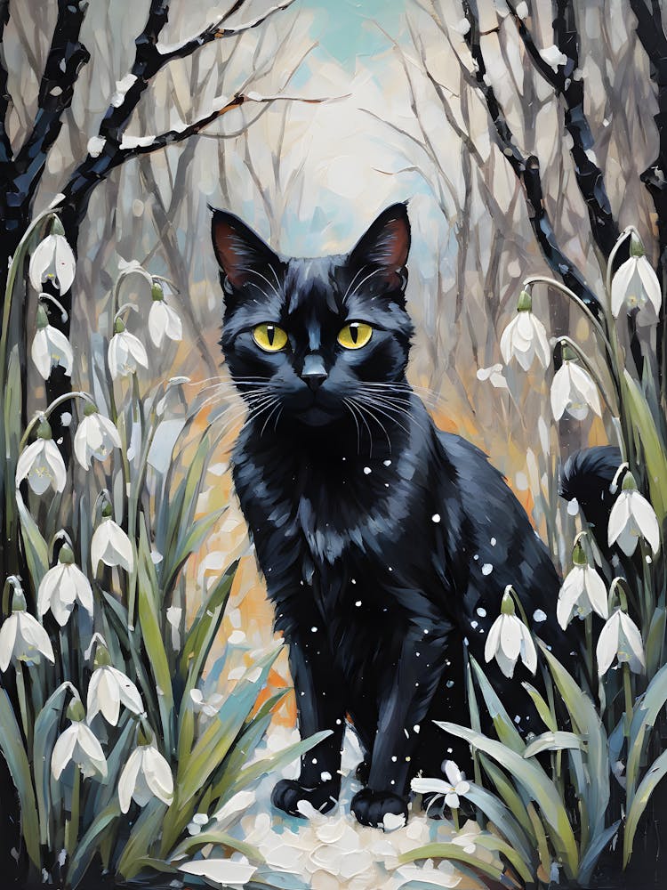 Black Cat Amongst Snowdrops - Oil and Palette Knife Painting of A Beautiful Black Cat Sitting Among the Midwinter January Flowers - Kitty, Cat Lady, Pagan, Feature Wall, Witch, Fairytale Tarot Bastet Imbolc Colorful Painting in HD 1