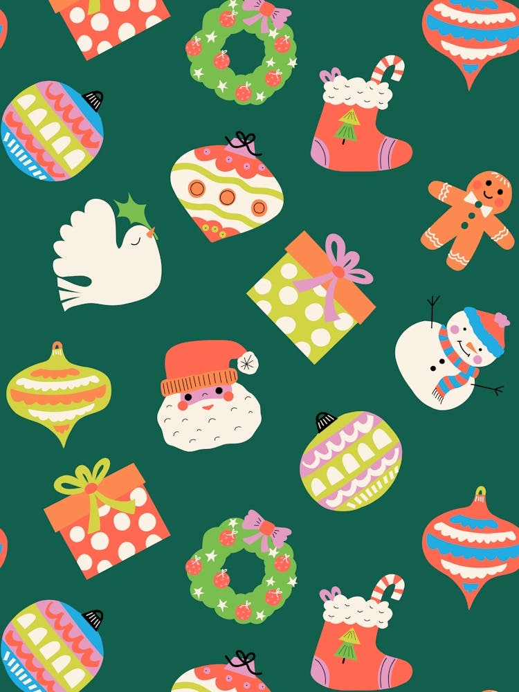 Scattered Christmas Icons, Ornaments, and Gifts on Pine Needle Green