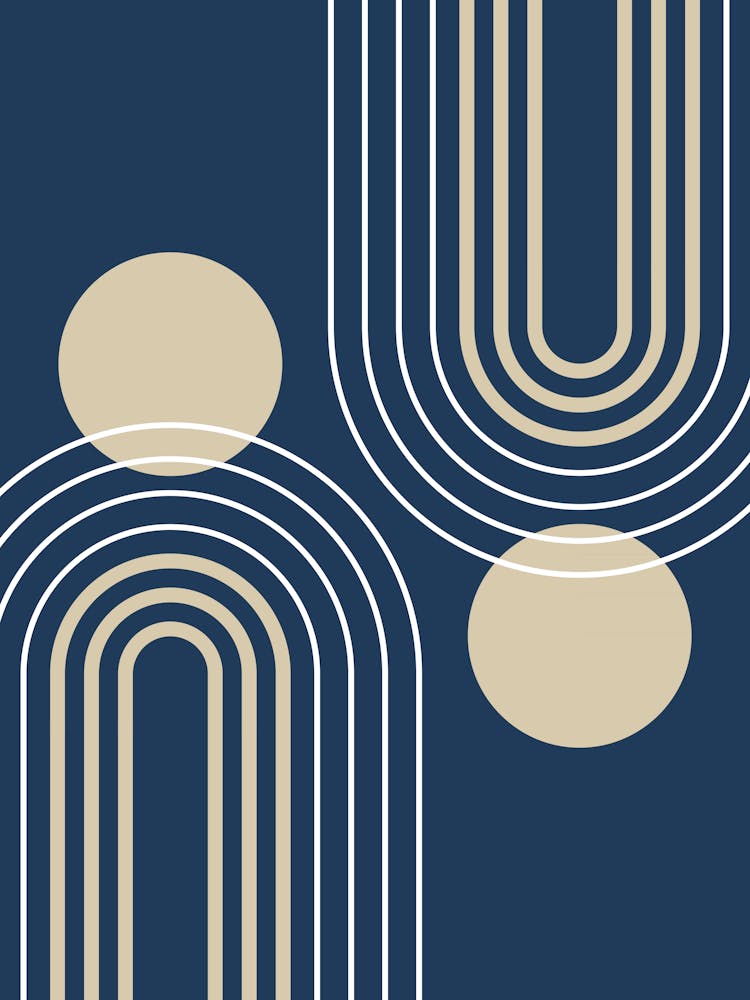 Mid-Century Modern Géométrique B33 En Bleu Marine Et Beige (Résumé Arc-en-ciel et Soleil) 01