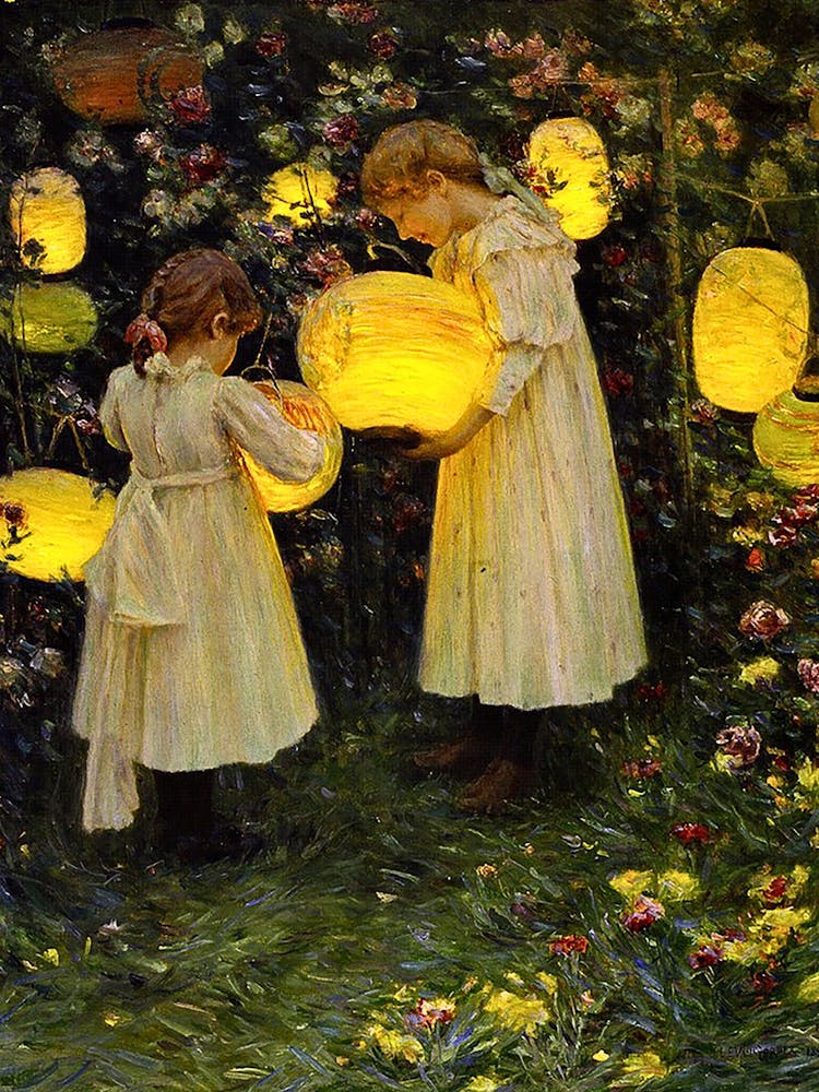 Japanese Lanterns, 1895 Antique Oil painting of Victorian Girls in the Garden by Luther Emerson Van Gorder HD Remastered