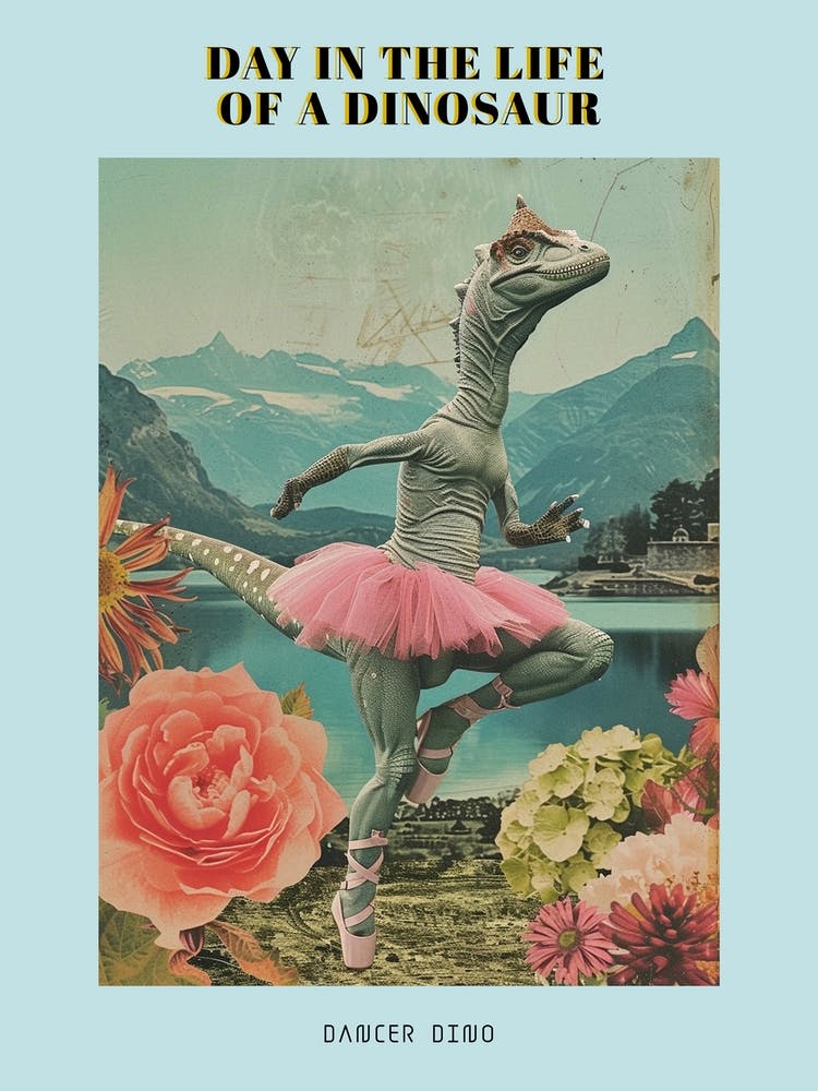 Dinosaur In A Tutu Retro Collage 2 Poster
