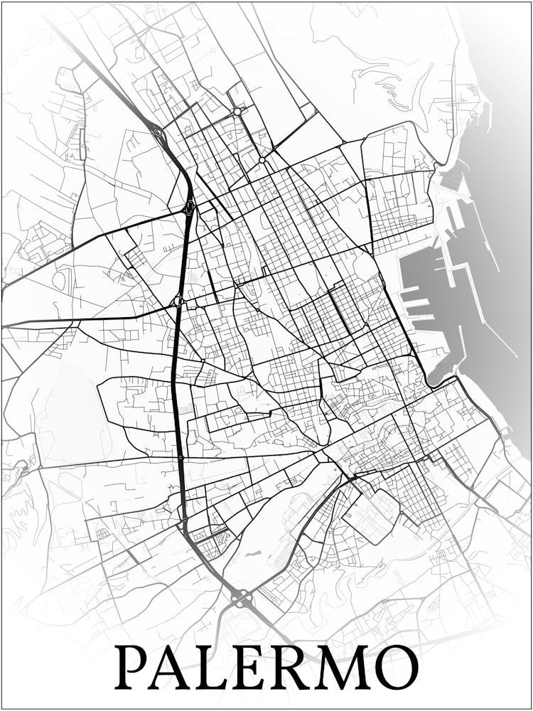 Palermo, Sicily, Italy, City Map, Black And White Fade Design