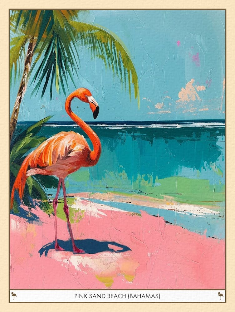 Greater Flamingo Pink Sand Beach Bahamas Tropical Illustration 7 Poster