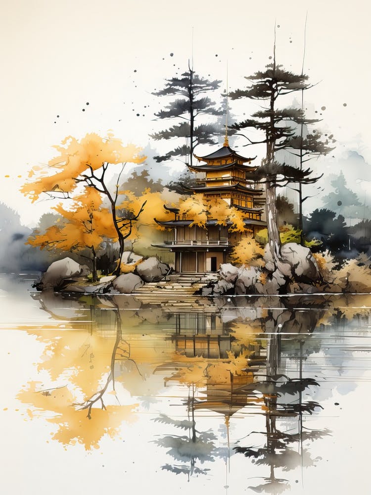 Kinkaku Ji (Golden Pavilion) In Kyoto, Japanese Brush Painting, Ukiyo E, Minimal 4