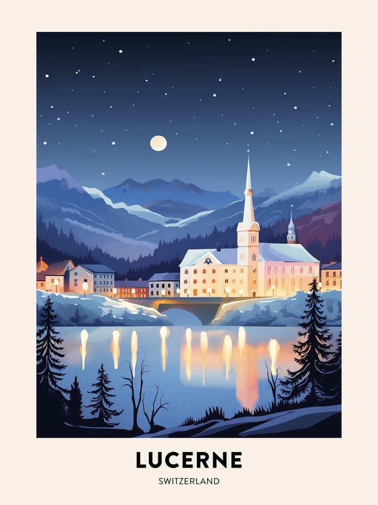Winternacht Reiseposter Luzern Schweiz 1